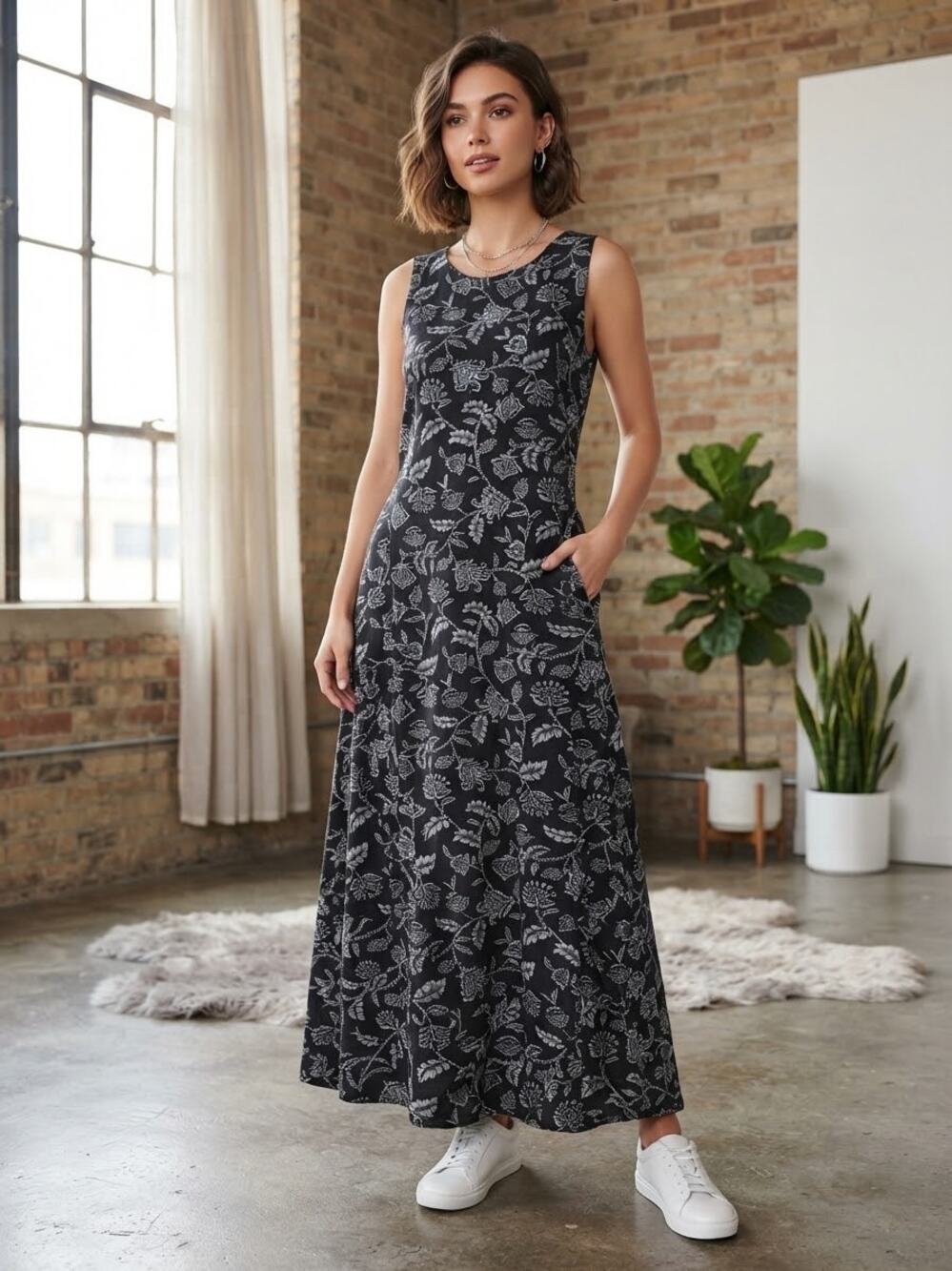 Vintage 90's Russ Berens 100% Linen Hand Printed Floral Maxi Dress